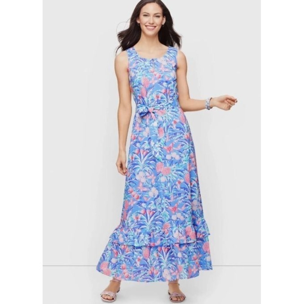 Talbots Ratti Maxi Dress Size 2 Blue Tropical Print‎ Cotton Sleeveless NWOT